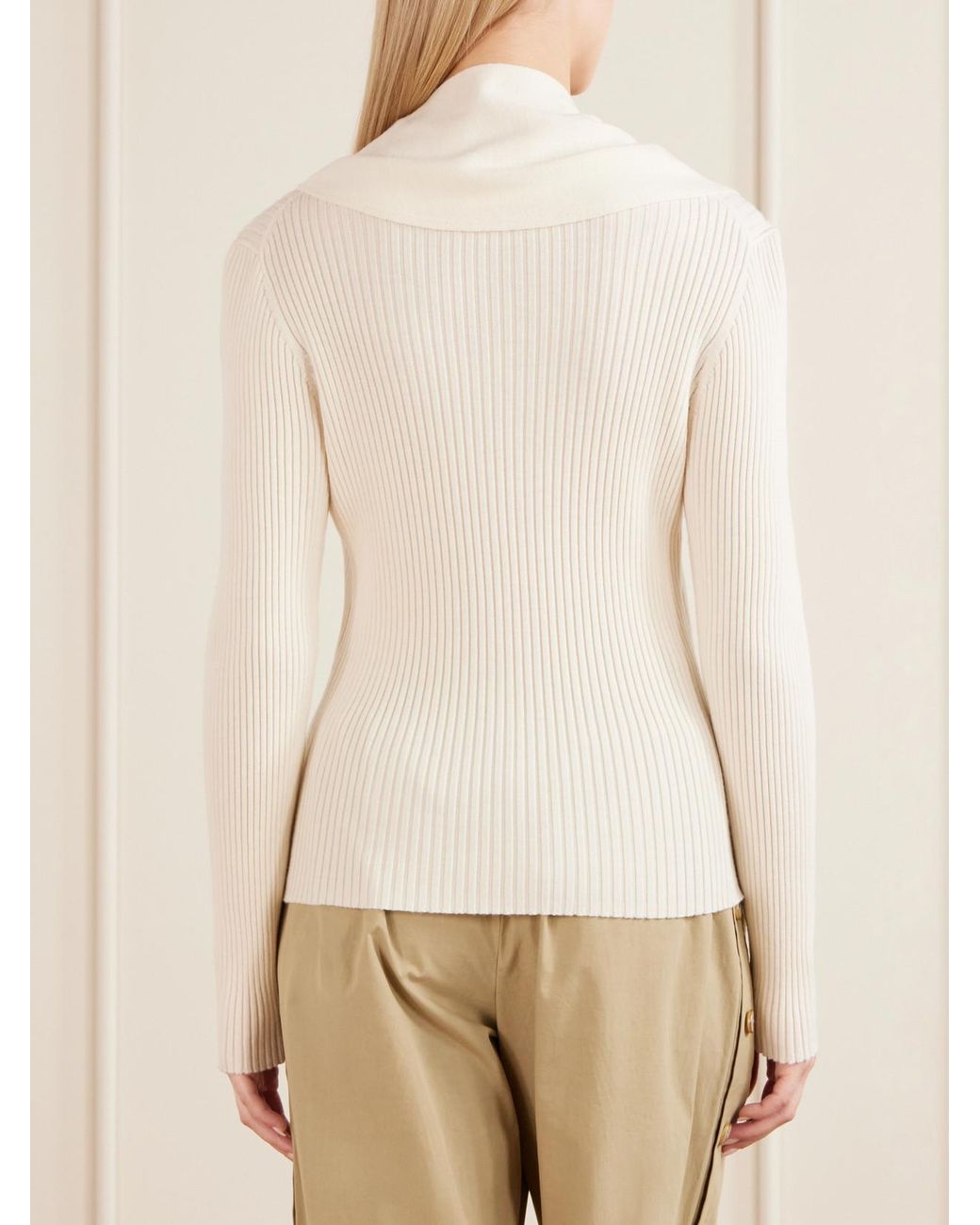 Zimmermann Natural Valiant Scarf-Detailed Ribbed-Knit Wool Sweater