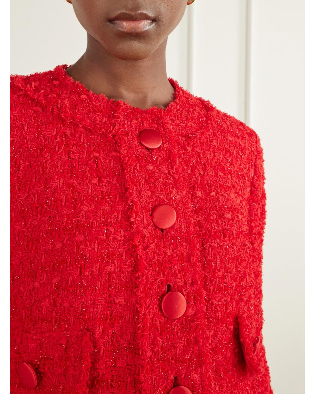 Dolce & Gabbana Red Cropped Frayed Cotton-Blend Tweed Jacket