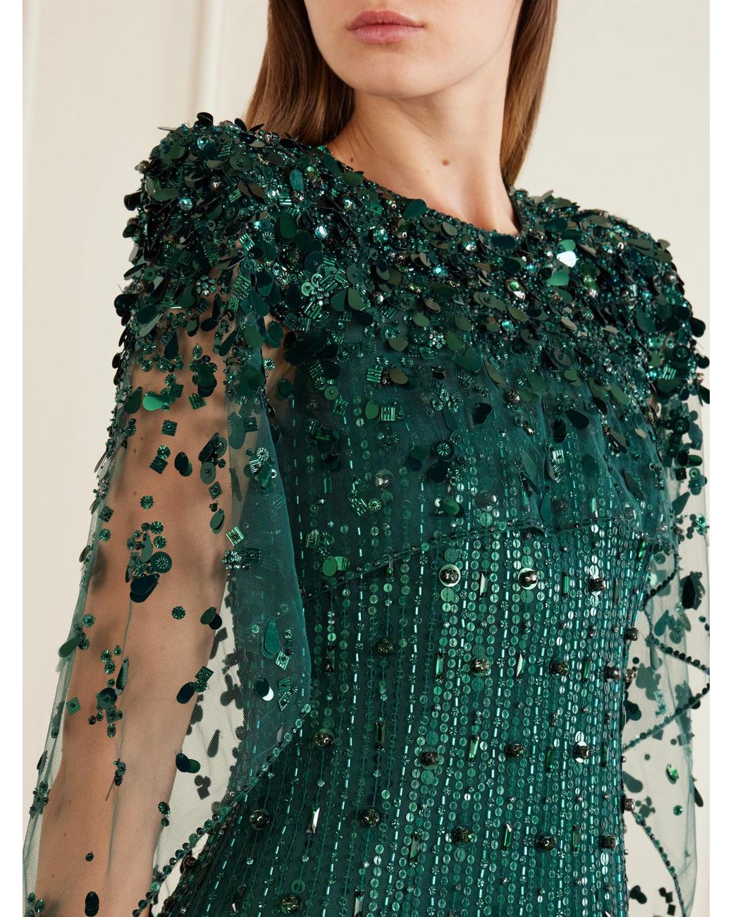 Jenny Packham Green Nettie Embellished Sequined Tulle Gown