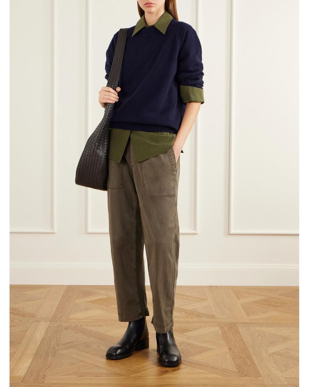 James Perse Green Rib-Trimmed Cotton-Twill Tapered Pants