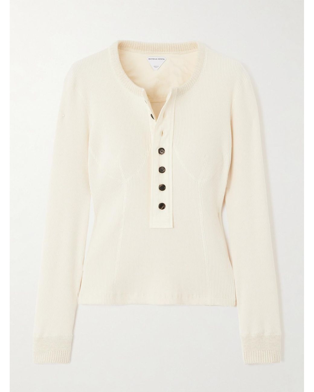 Bottega Veneta Natural Ribbed Stretch-Cotton Henley Top