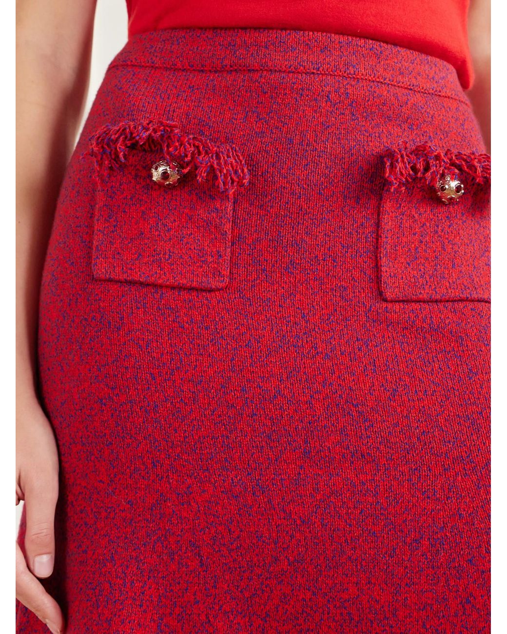 Self-Portrait Red Frayed Bouclé-Knit Midi Skirt