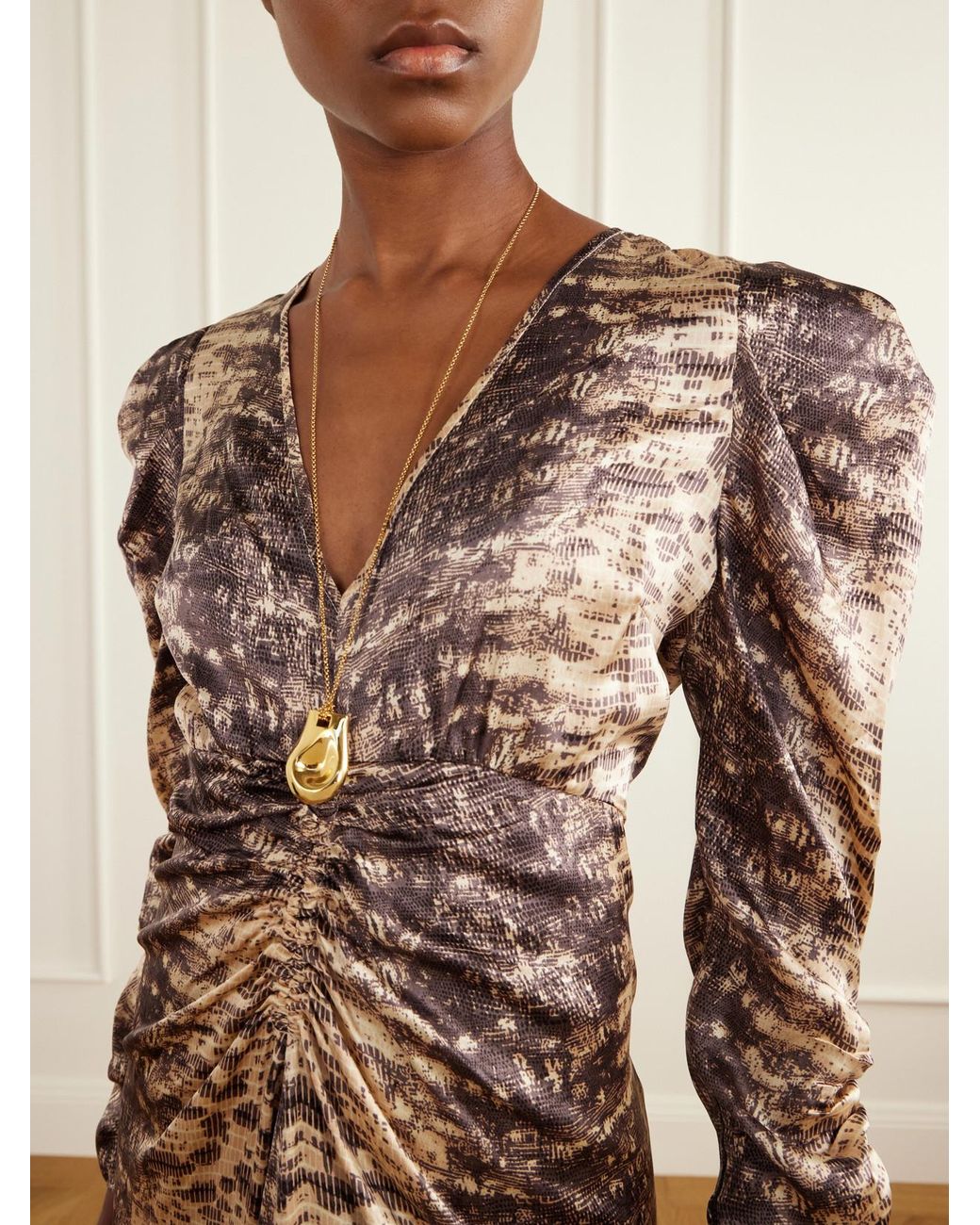 Isabel Marant Natural Albini Gathered Asymmetric Snake-Print Silk Midi Dress