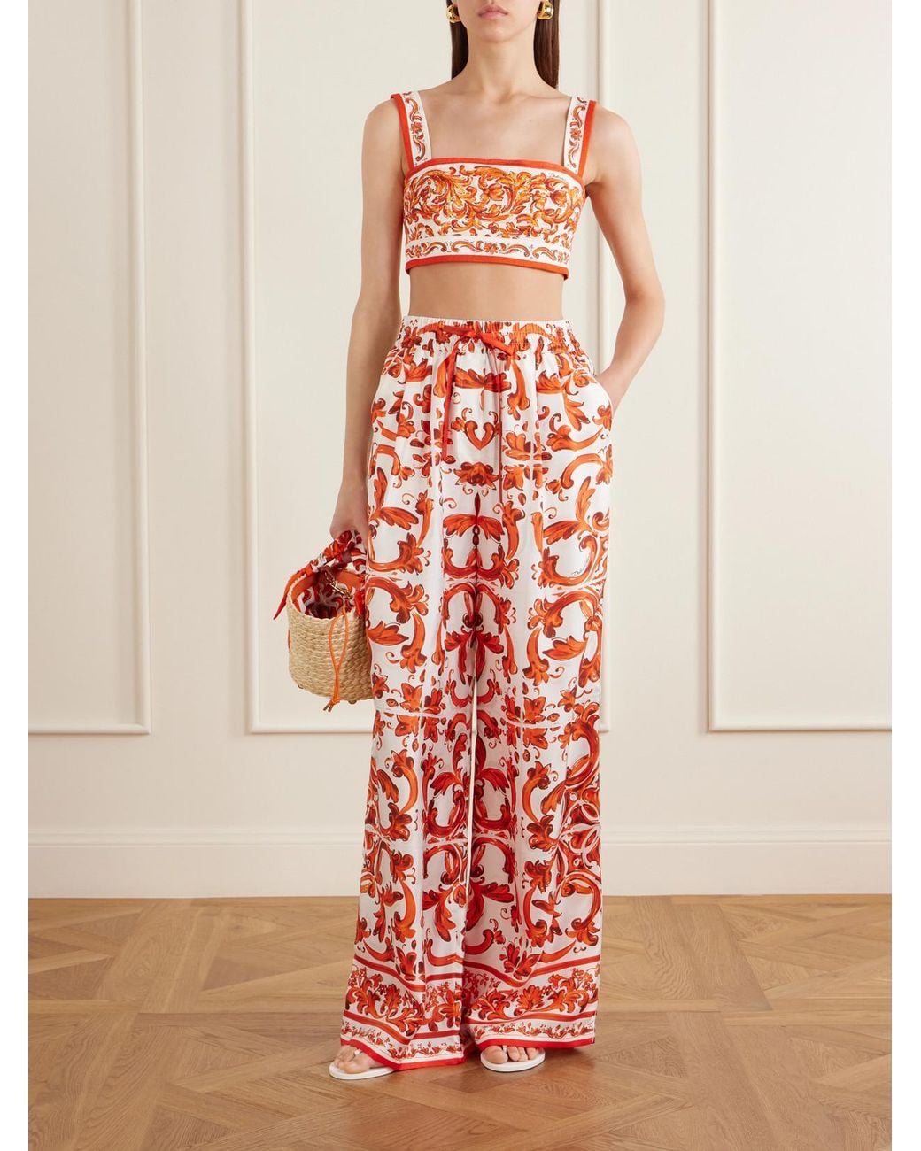Dolce & Gabbana Orange Cropped Printed Woven Top