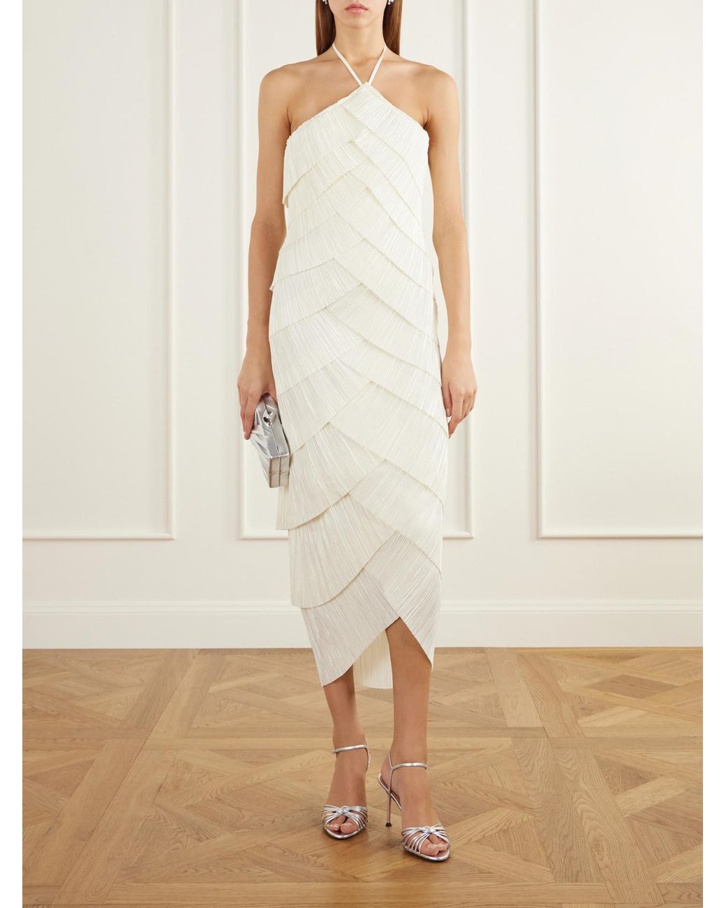 Cult Gaia White Patrizia Bustier Halterneck Tiered Plissé-Satin Midi Dress