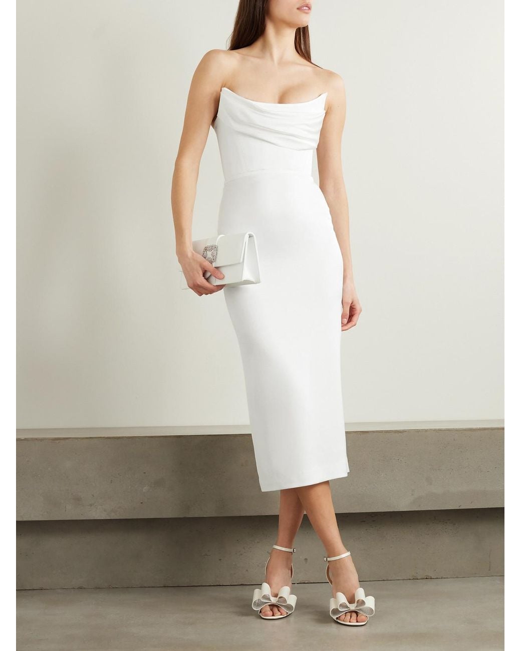 Alex Perry White Strapless Draped Satin-Crepe Midi Dress