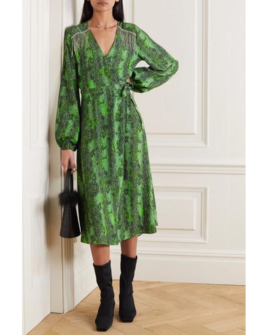 green snake print wrap dress