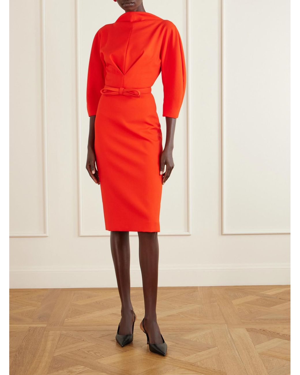 Carolina Herrera Red Sheath Cinched Stretch-Wool Midi Dress