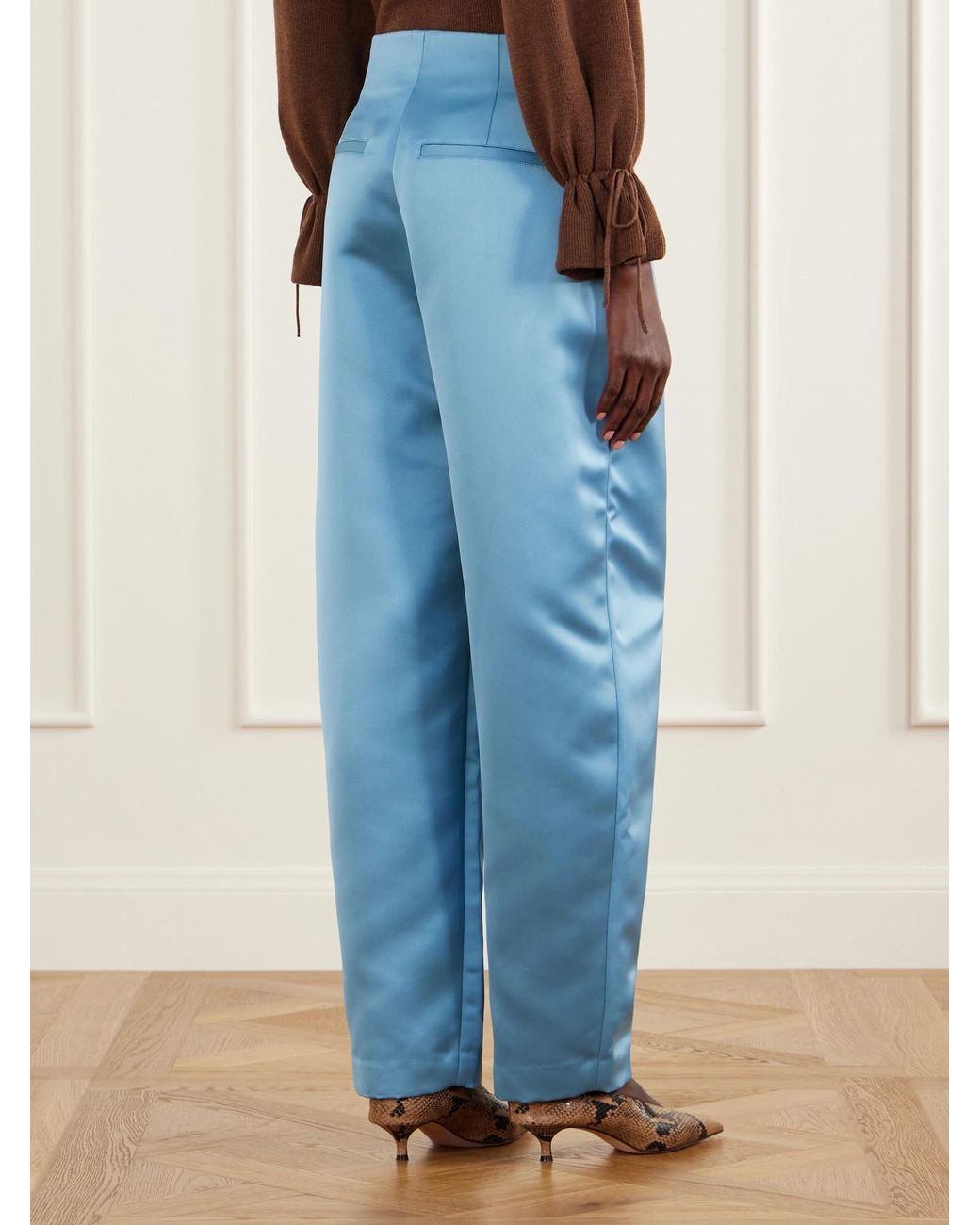 Ulla Johnson Blue Edlyn Pleated Duchess-Satin Mid-Rise Barrel-Leg Pants