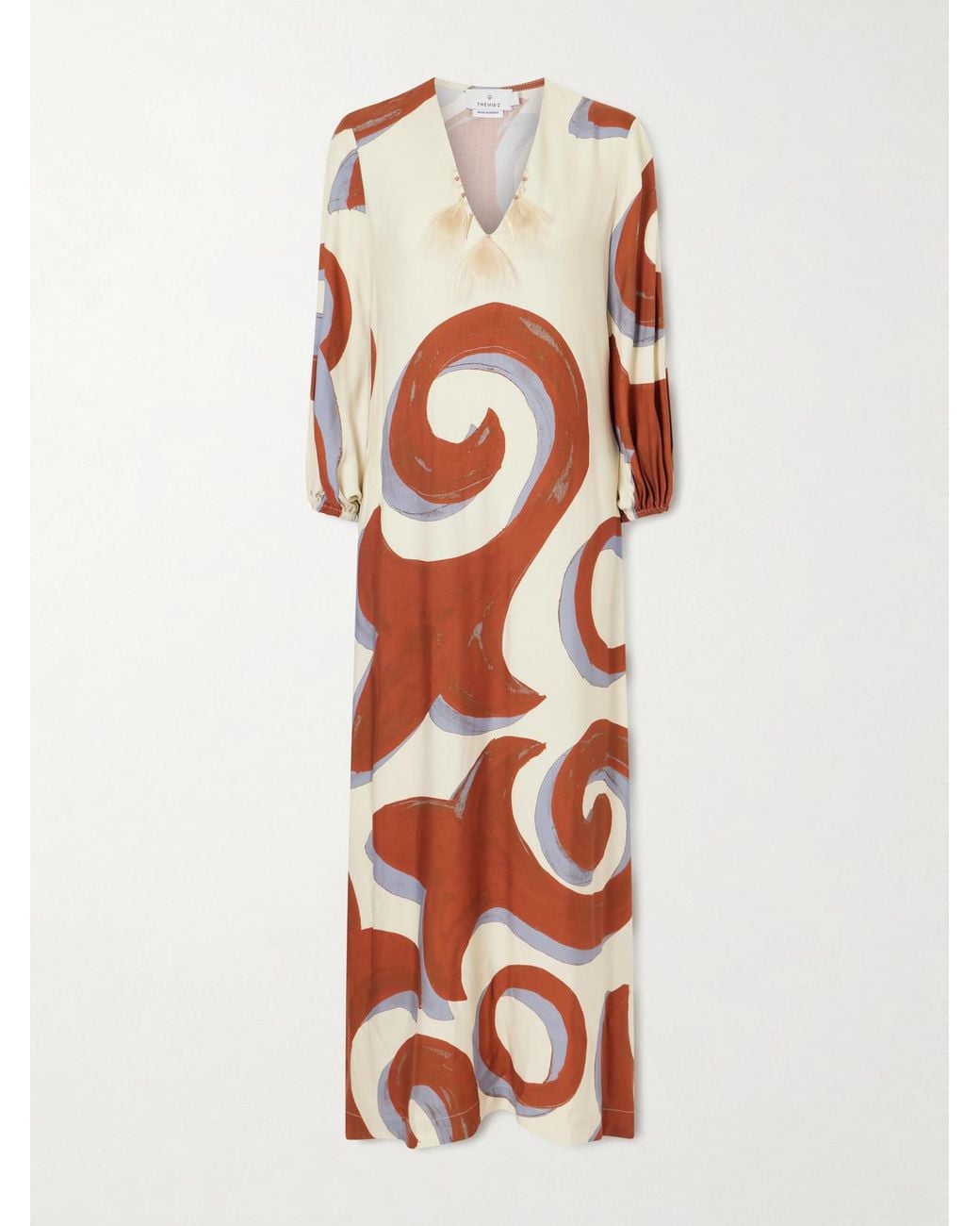 Themis Z White Kyra Feather-Trimmed Printed Crepe Maxi Dress