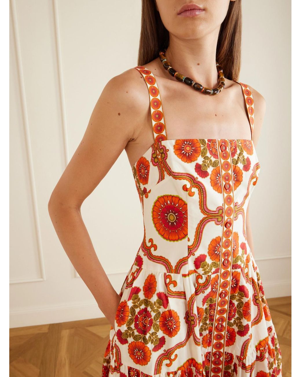 Cara Cara White Margarita Tiered Floral-Print Cotton-Poplin Midi Dress