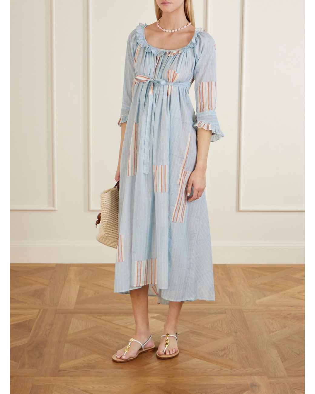Thierry Colson Blue Antoinette Ruffled Printed Cotton-Voile Midi Dress