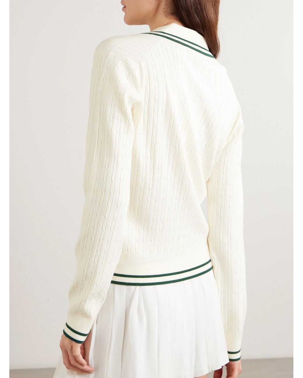 Sporty & Rich Natural Embroidered Striped Cable-Knit Polo Sweater