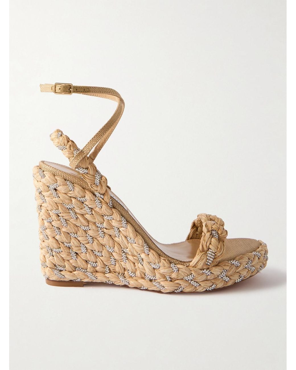 Aquazzura Natural Costiera 120 Crystal-Embellished Cord-Trimmed Raffia Platorm Wedge Sandals