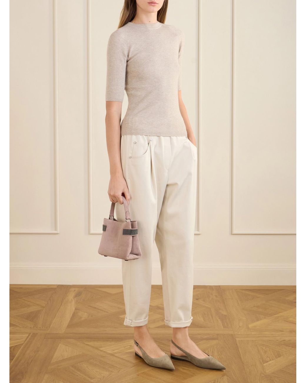 Brunello Cucinelli Pink Bead-Embellished Suede Top-Handle Bag