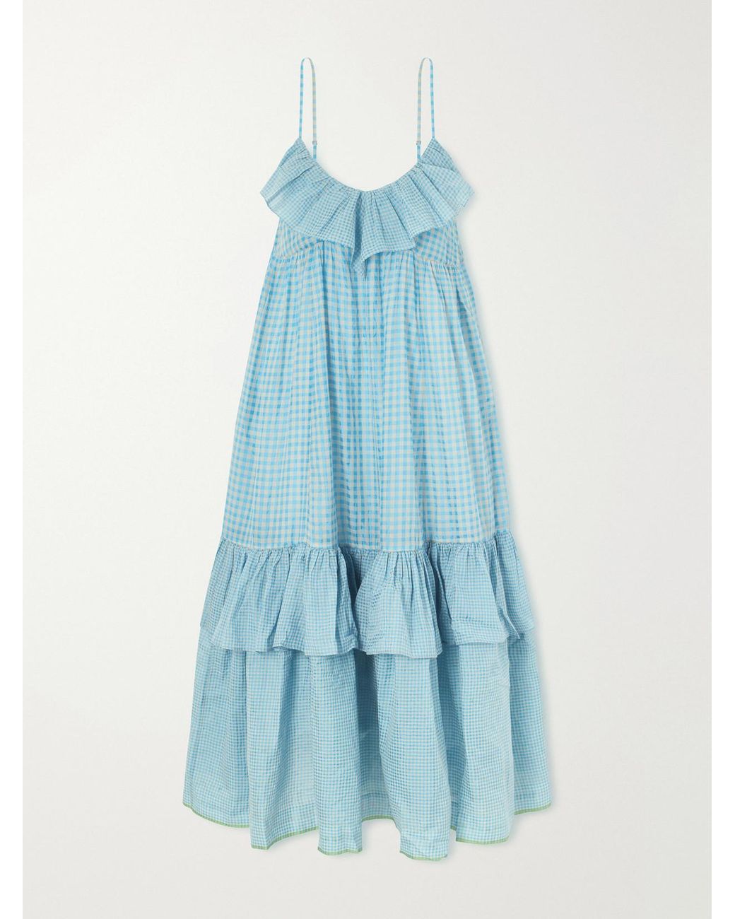 Eka Blue Teek Ruffled Tiered Checkered Cotton Silk Dress