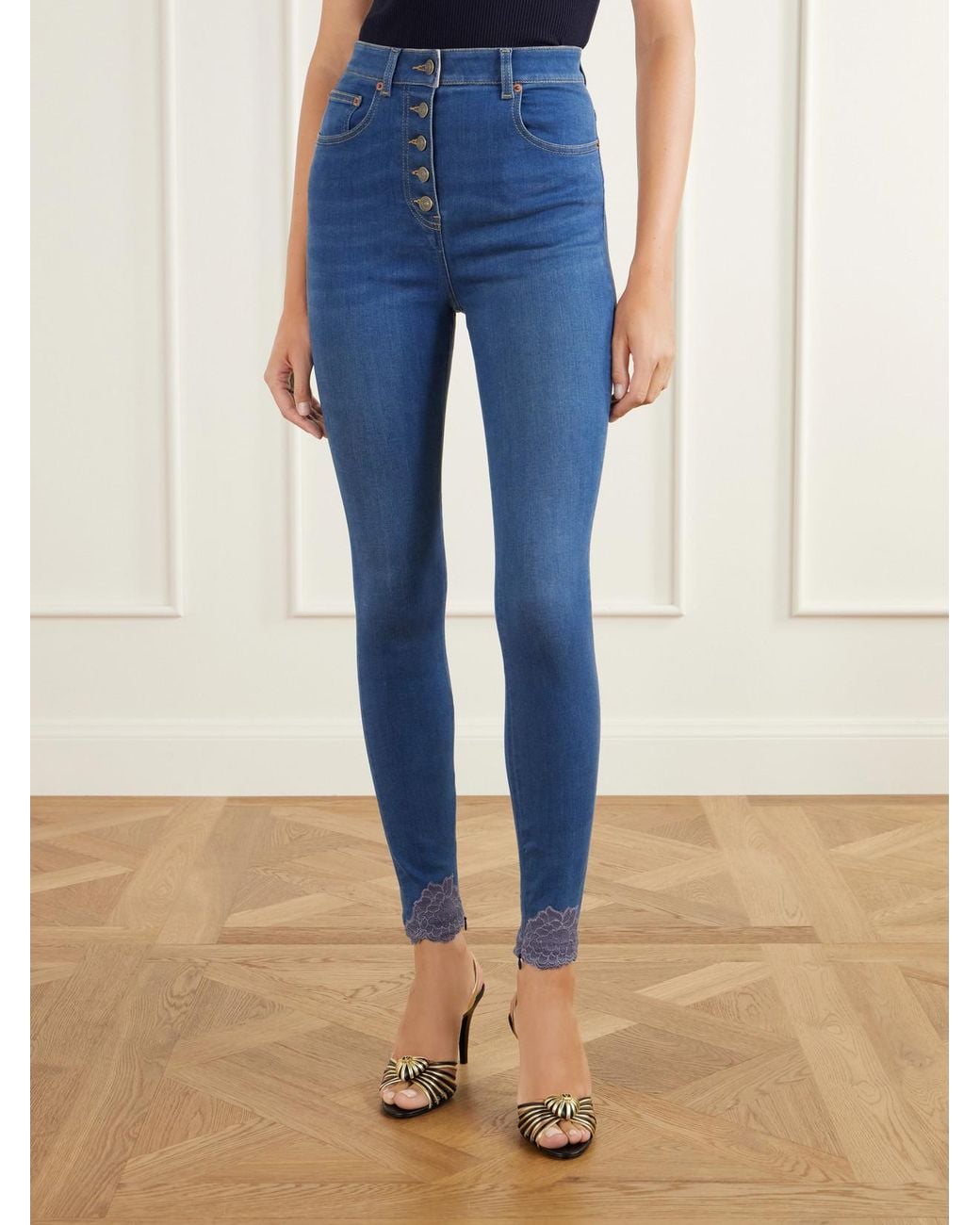 Valentino Garavani Blue Lace-Trimmed High-Rise Skinny-Leg Jeans