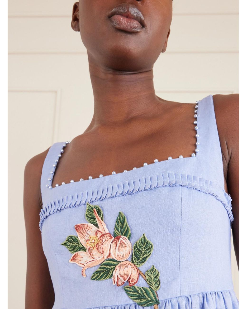 Agua Bendita Blue Barbara Navegante Embellished Appliquéd Linen Maxi Dress