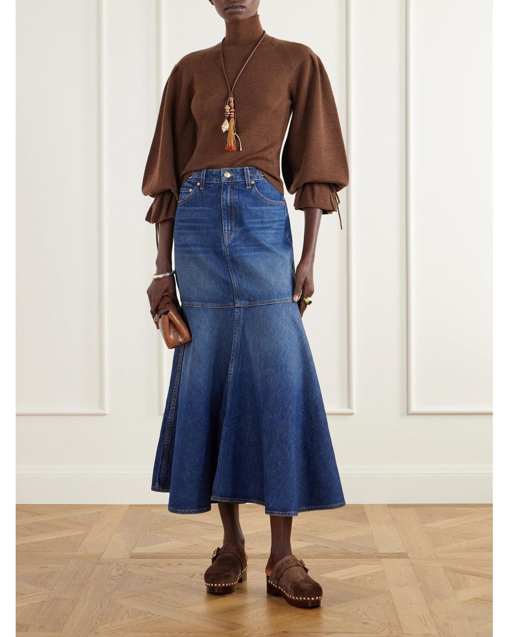 Ulla Johnson Blue The Madelyn Embellished Paneled Denim Maxi Skirt
