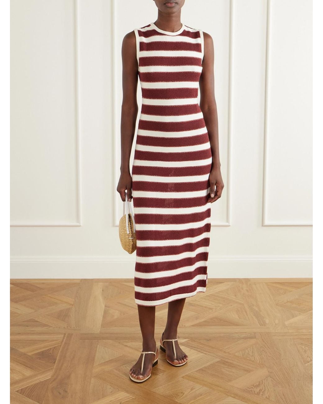 Eres White Régulière Striped Metallic Cotton-Blend Midi Dress
