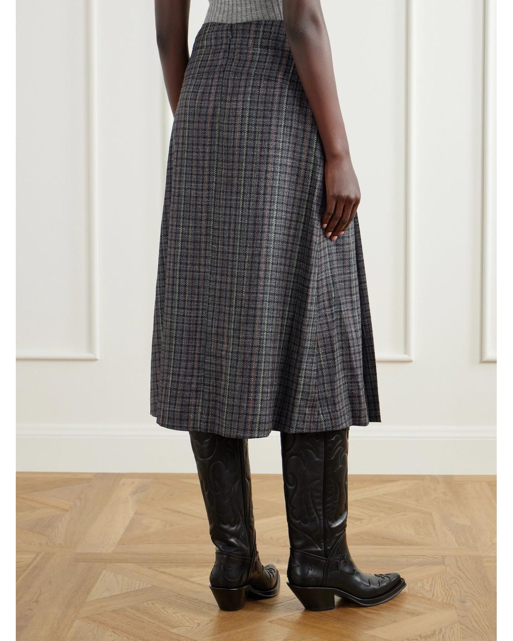 Gabriela Hearst Gray Wesley Pleated Houndstooth Wool And Cashmere-Blend Twill Midi Skirt