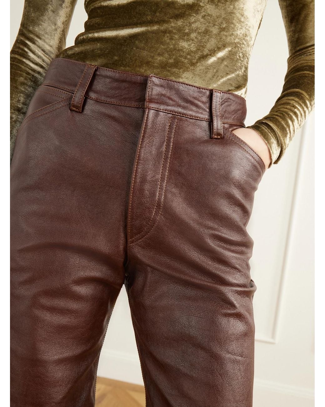 Lemaire Brown Textured-Leather Straight-Leg Pants