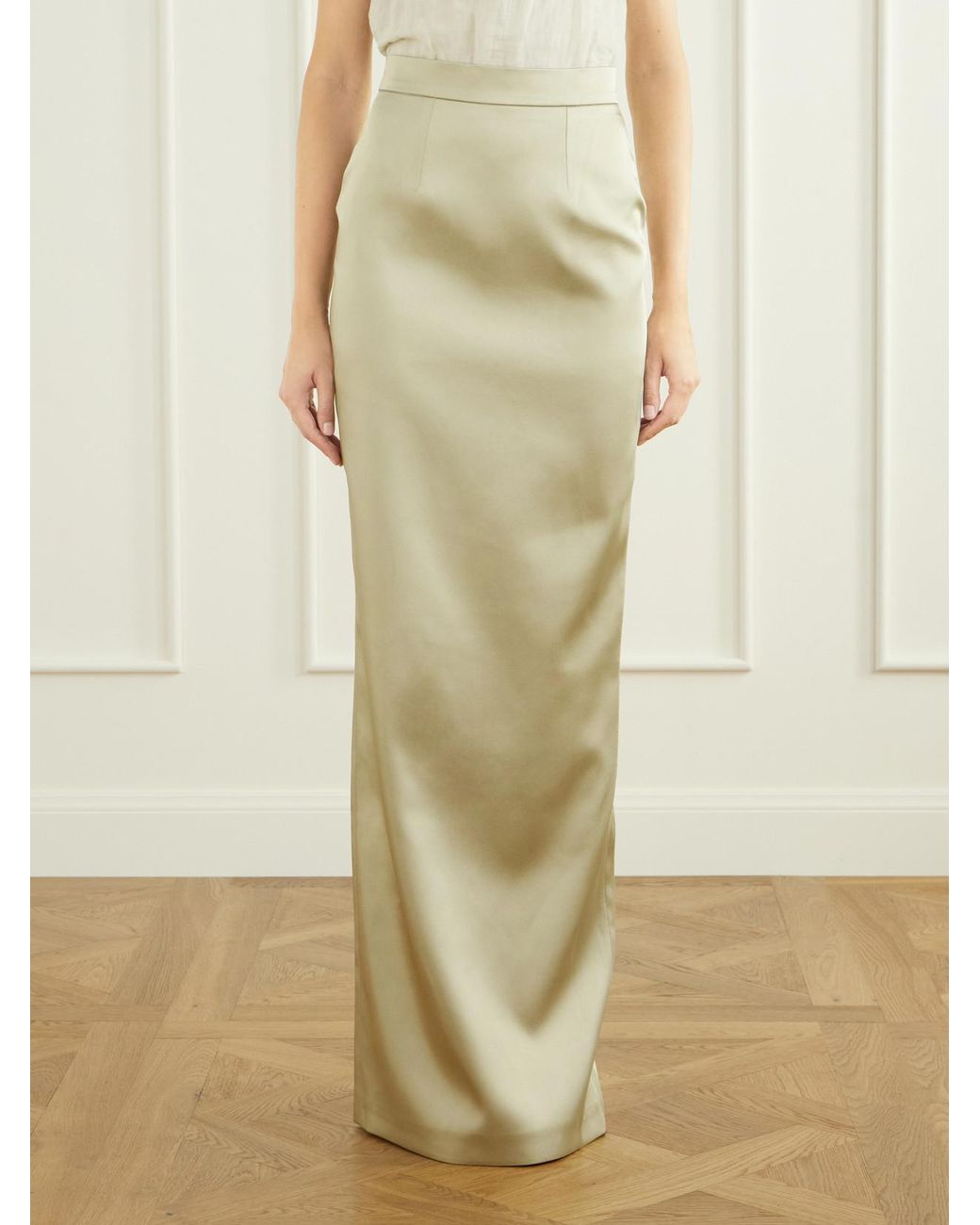 Ilkyaz Ozel White Sirena Satin Maxi Skirt