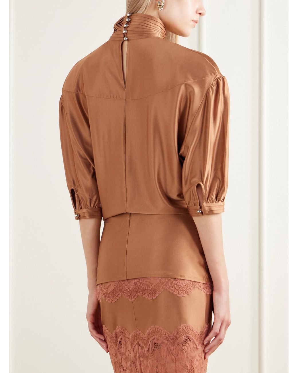 Rabanne Brown Stretch-Satin Turtleneck Blouse