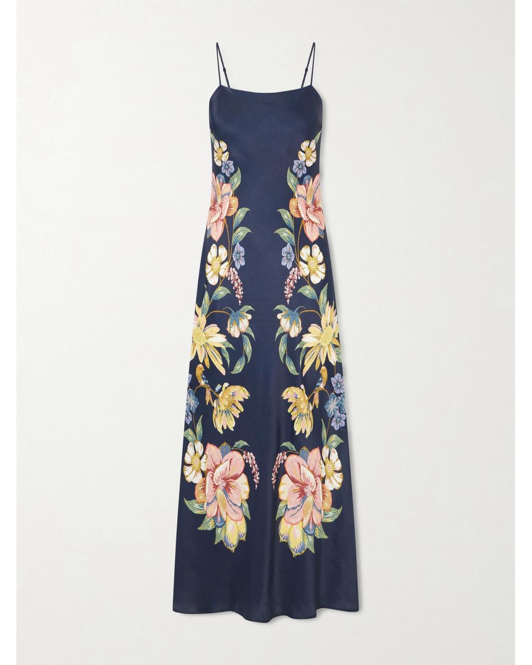 Farm Rio Blue Maxi FARM Rio Maira Floral-Print Satin Maxi Dress in Blue | Lyst UK