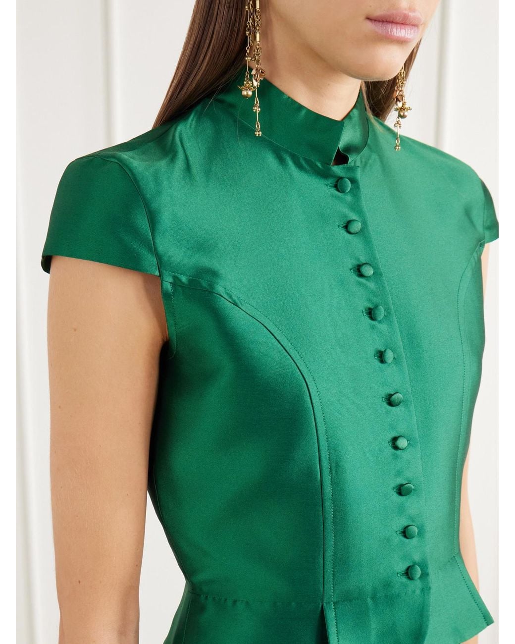 D'Estree Green Amoako Peplum Paneled Taffeta Blouse