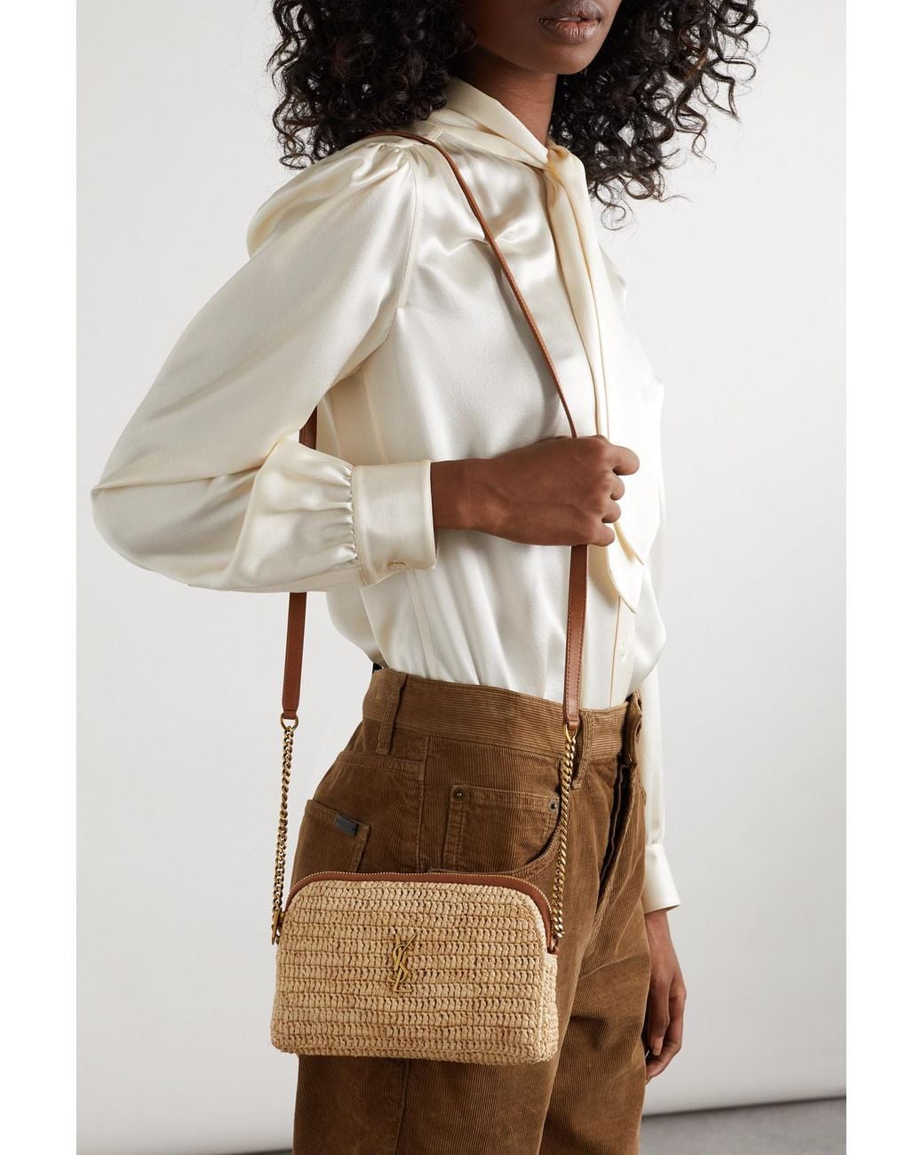 Saint Laurent Natural Gaby Mini Leather-Trimmed Raffia Shoulder Bag
