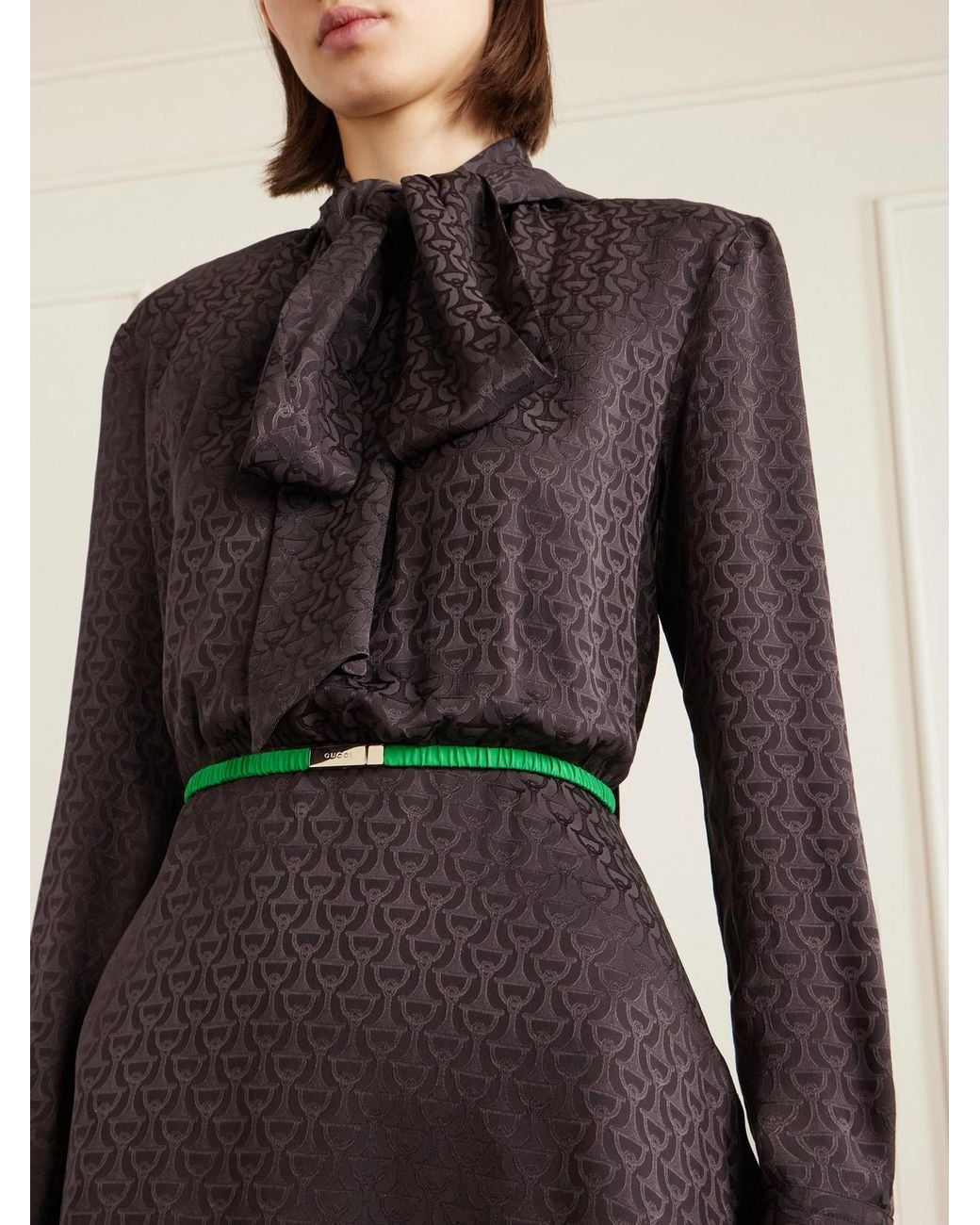 Gucci Brown Pussy-Bow Silk-Jacquard Mini Dress