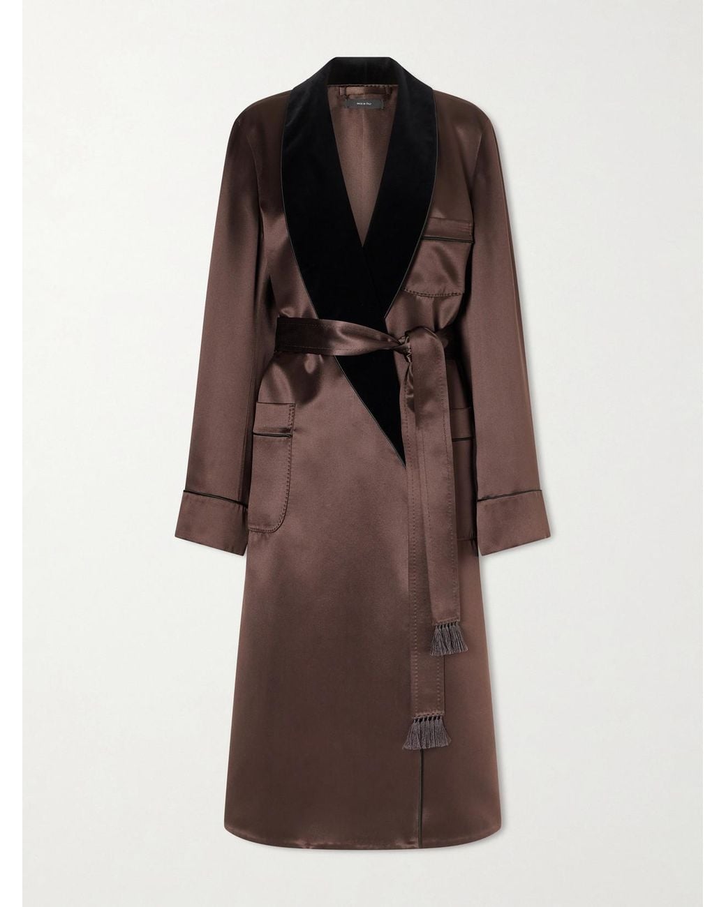 Tom Ford Brown Belted Velvet-Trimmed Silk-Satin Coat