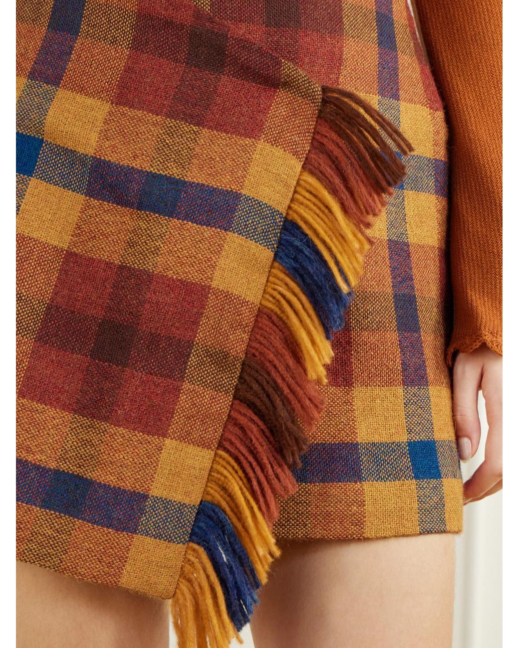 Escvdo Orange Checked Asymmetric Alpaca Mini Skirt