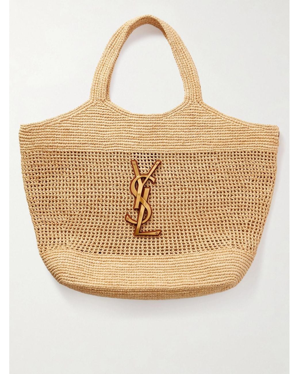 Saint Laurent Natural Icare Maxi Leather-Trimmed Raffia Tote
