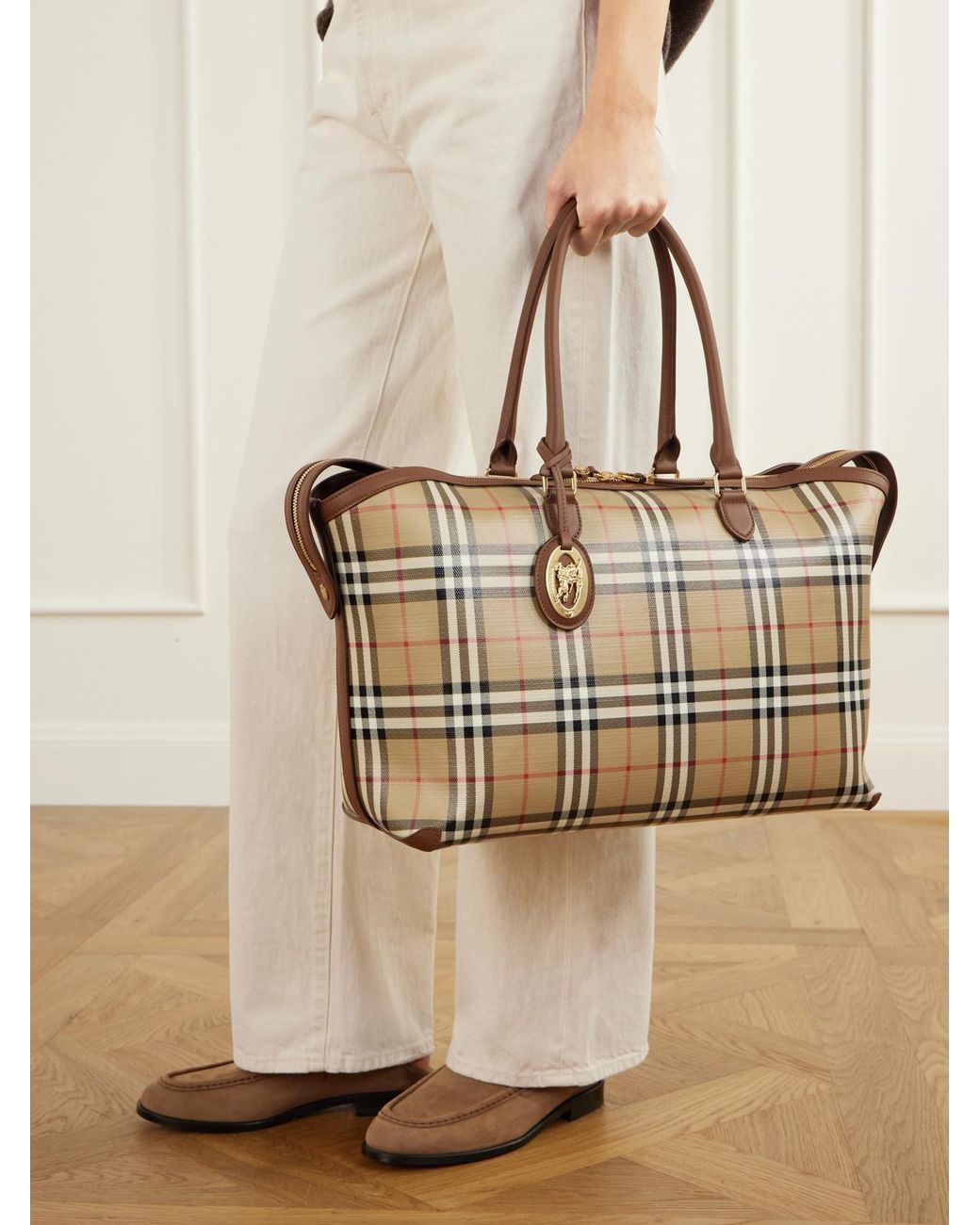 Burberry Natural Medium Check Zip Leather-Trimmed Tote