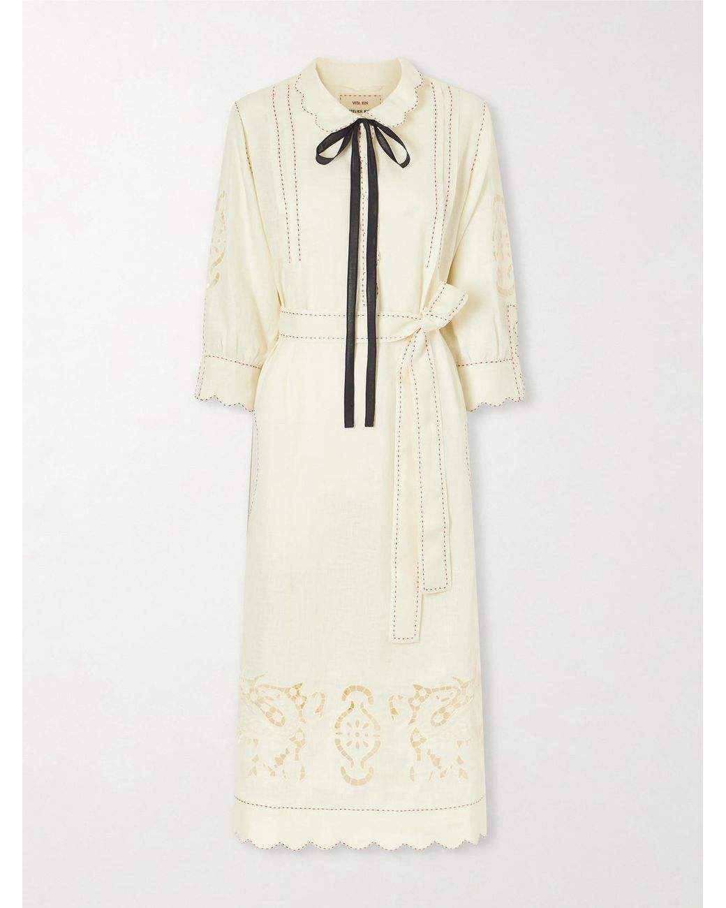 Vita Kin Natural Samarkand Broderie Anglaise-Trimmed Belted Linen Midi Dress