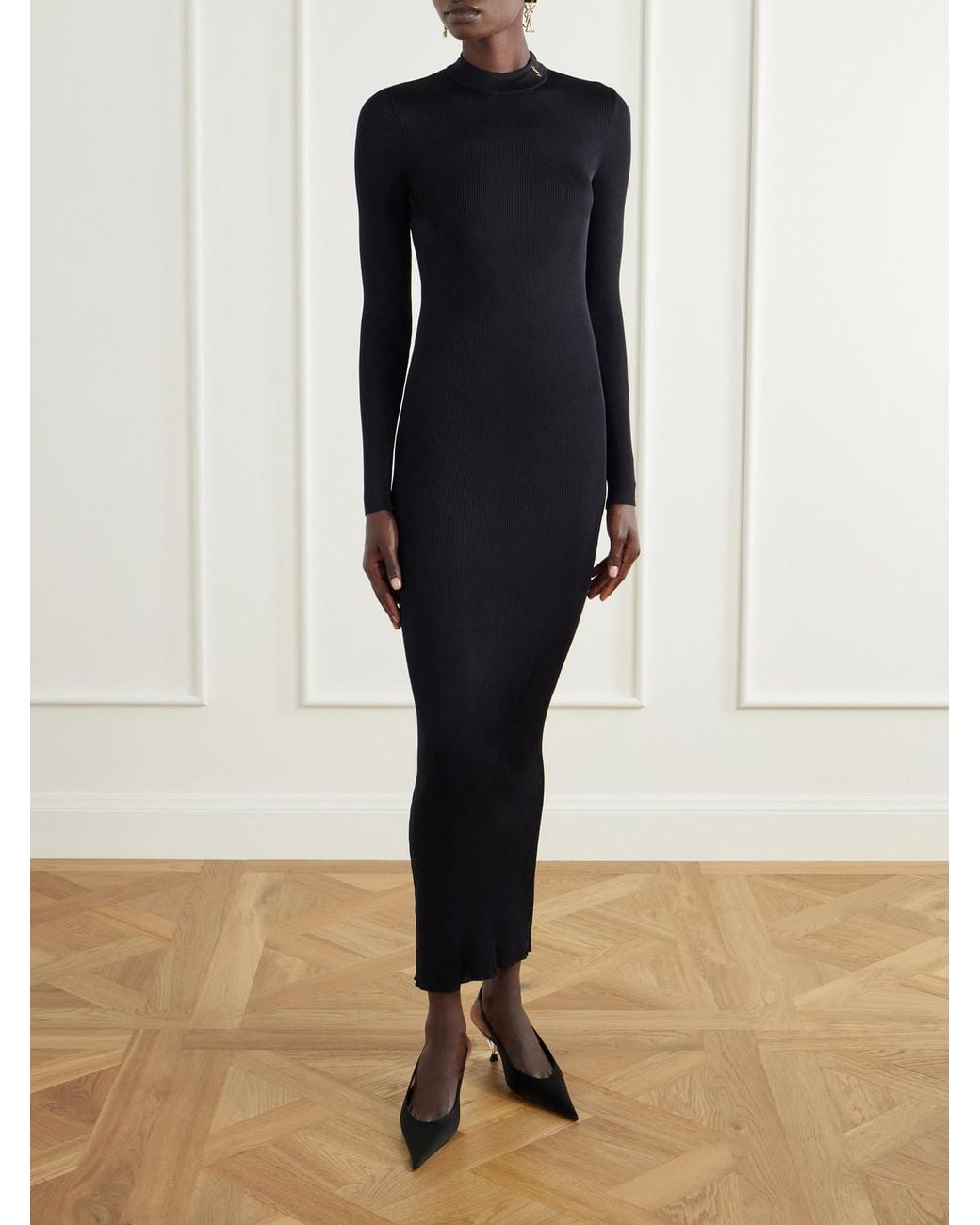 Saint Laurent Blue Cassandre-Embellished Ribbed Silk Midi Dress