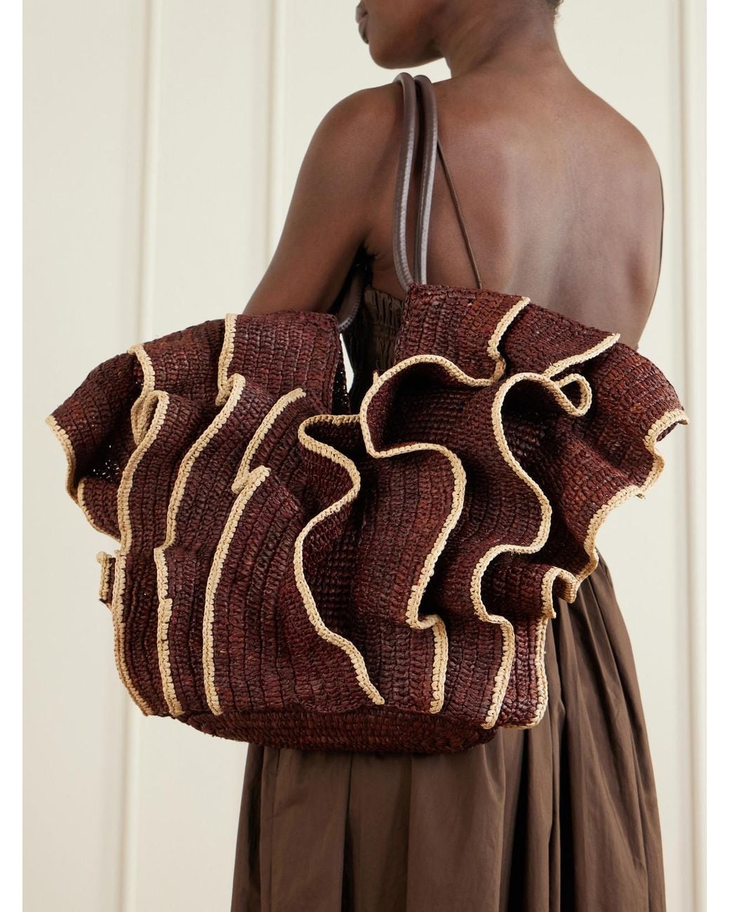 Zimmermann Brown Goldentime Ruffled Leather-Trimmed Raffia Medium Tote