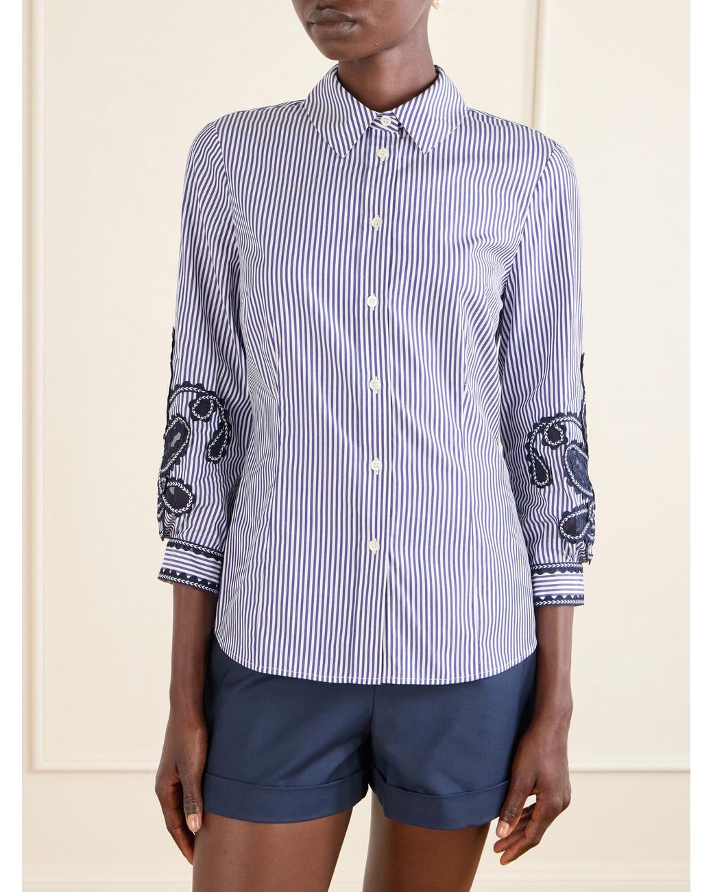 Carolina Herrera Blue Embroidered Striped Cotton-Poplin Shirt
