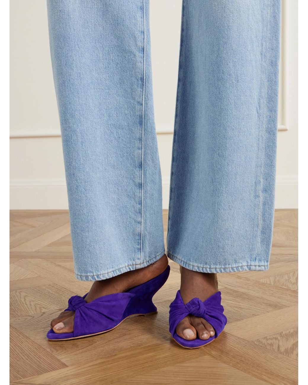 Loeffler Randall Purple Marsy 75 Gathered Knotted Suede Wedge Sandals