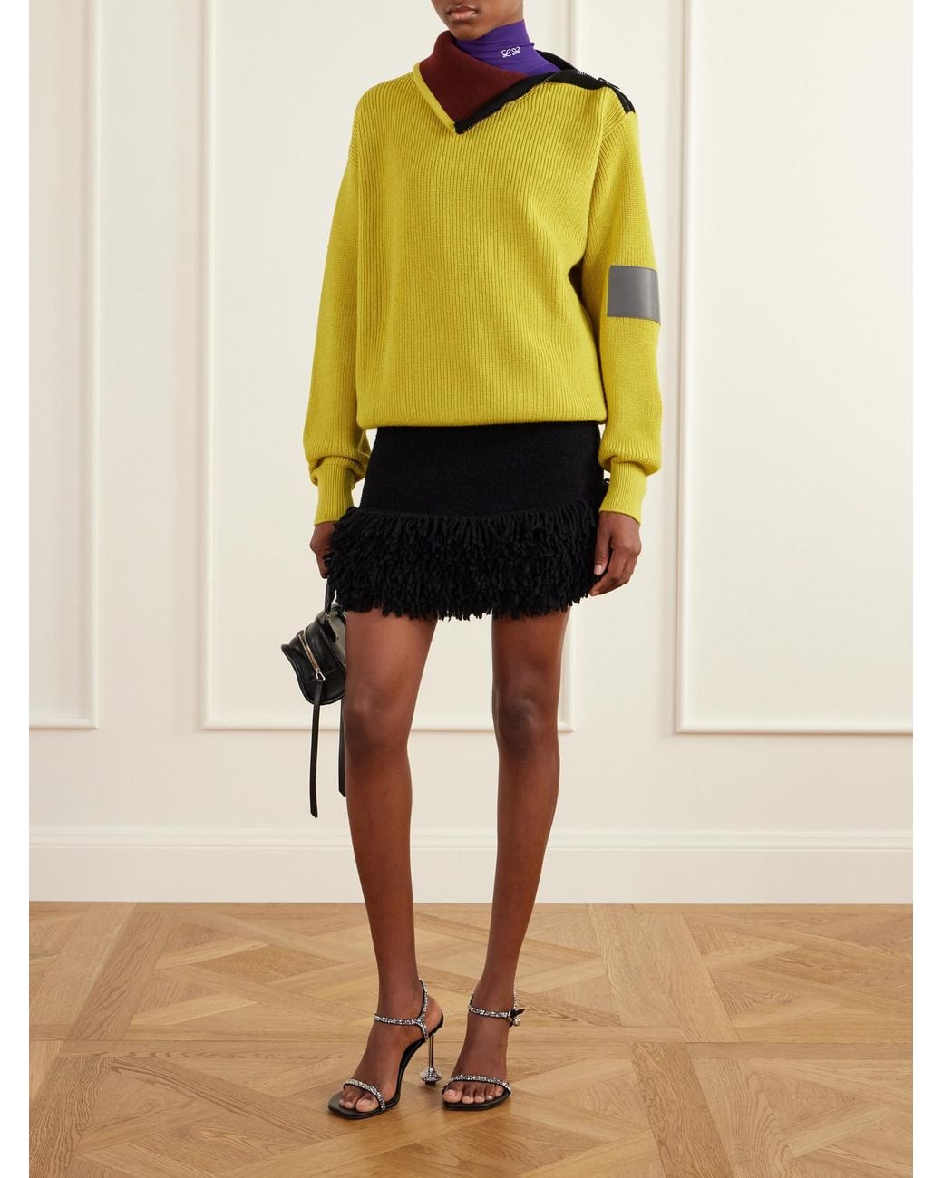 Loewe Yellow Zip-Detailed Leather-Trimmed Ribbed Wool-Blend Turtleneck Sweater
