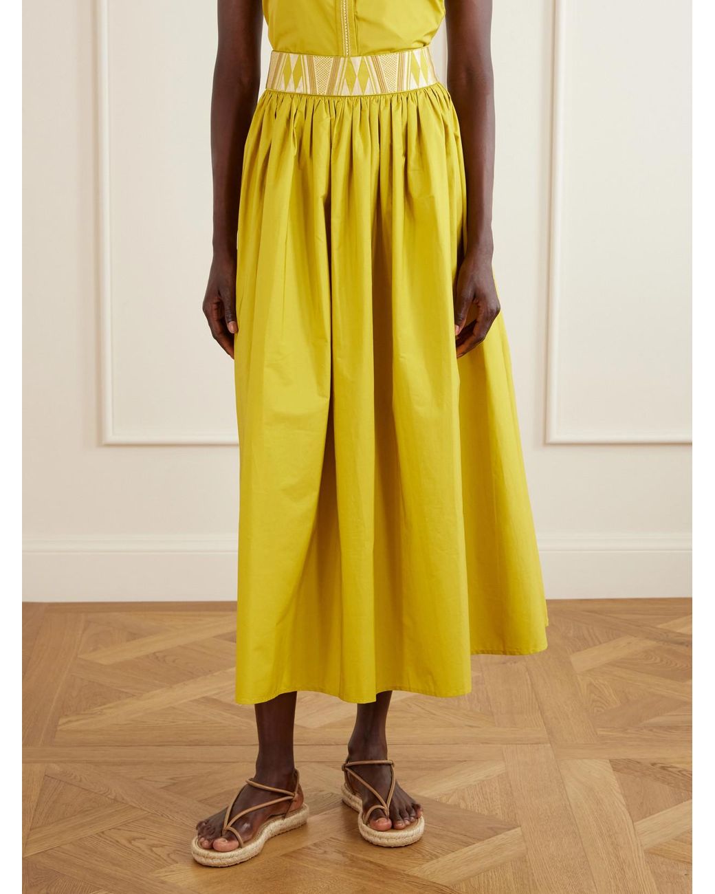 Emporio Sirenuse Yellow Ombretta Embroidered Cotton-Blend Poplin Midi Skirt
