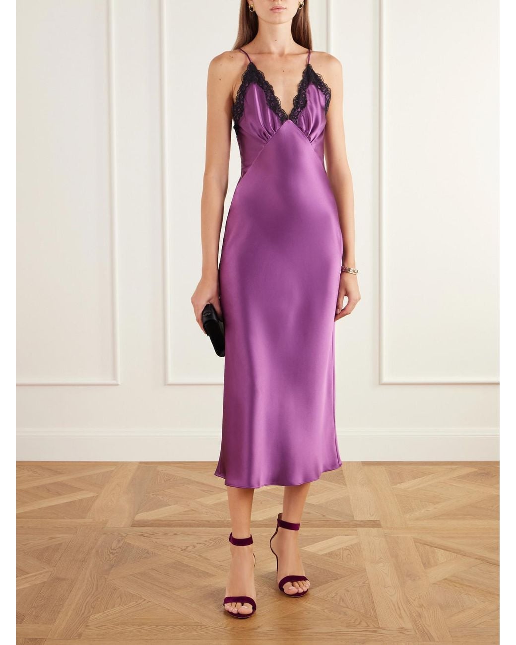 Rodarte Purple Lace-Trimmed Gathered Satin Midi Dress