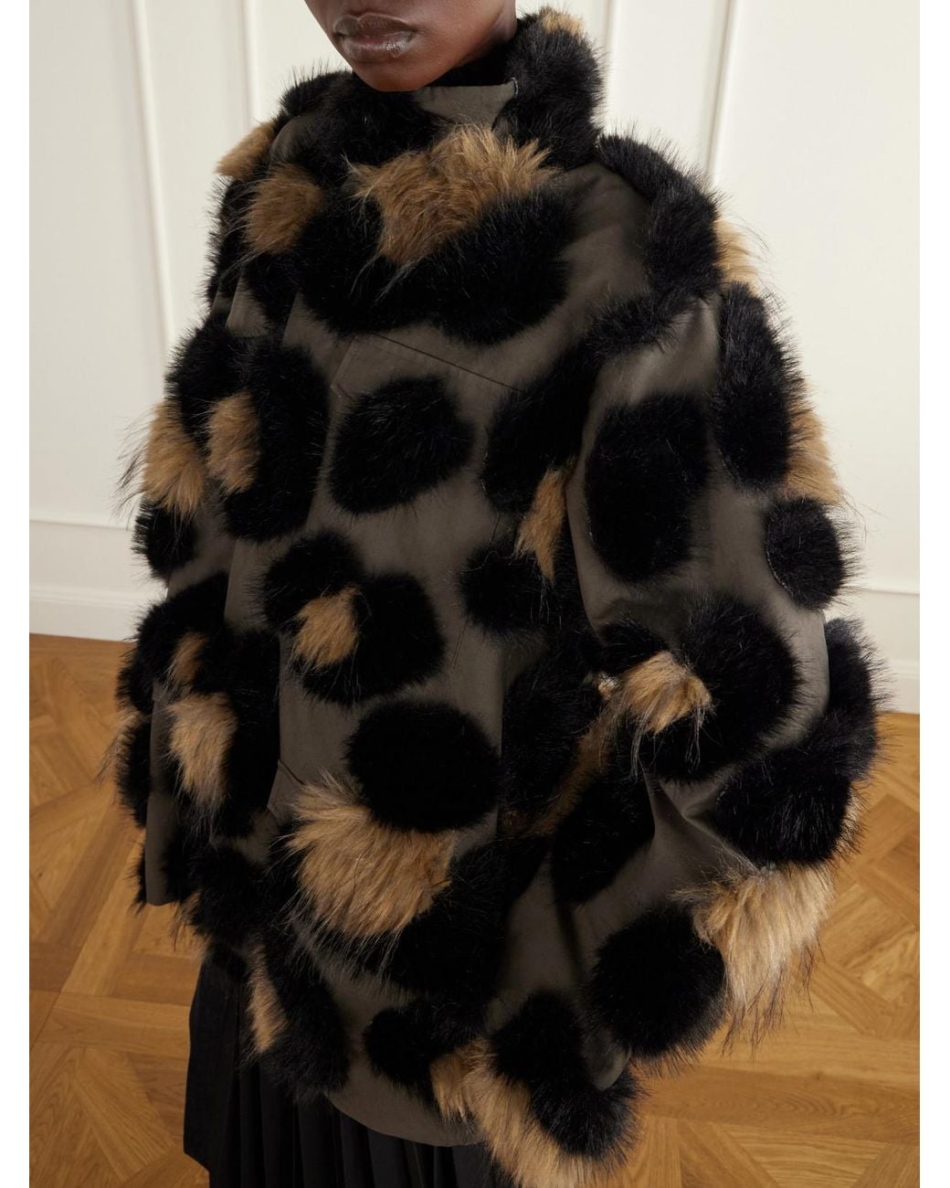 Sacai Black Leopard-Effect Plush-Trimmed Cotton-Twill Jacket