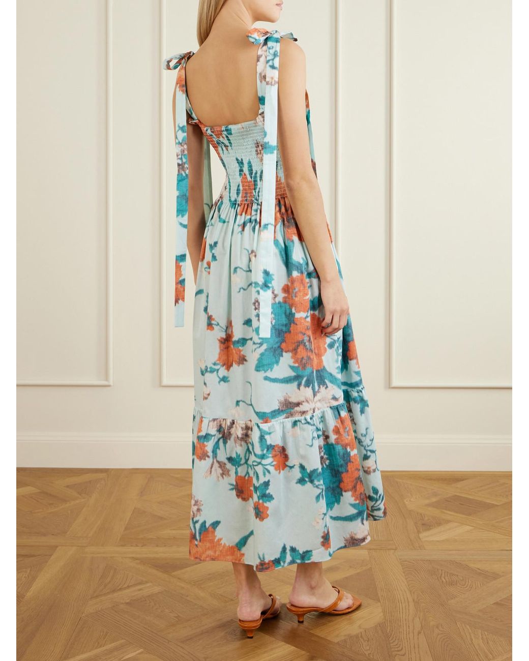 Erdem Blue Shirred Floral-Print Cotton Midi Dress