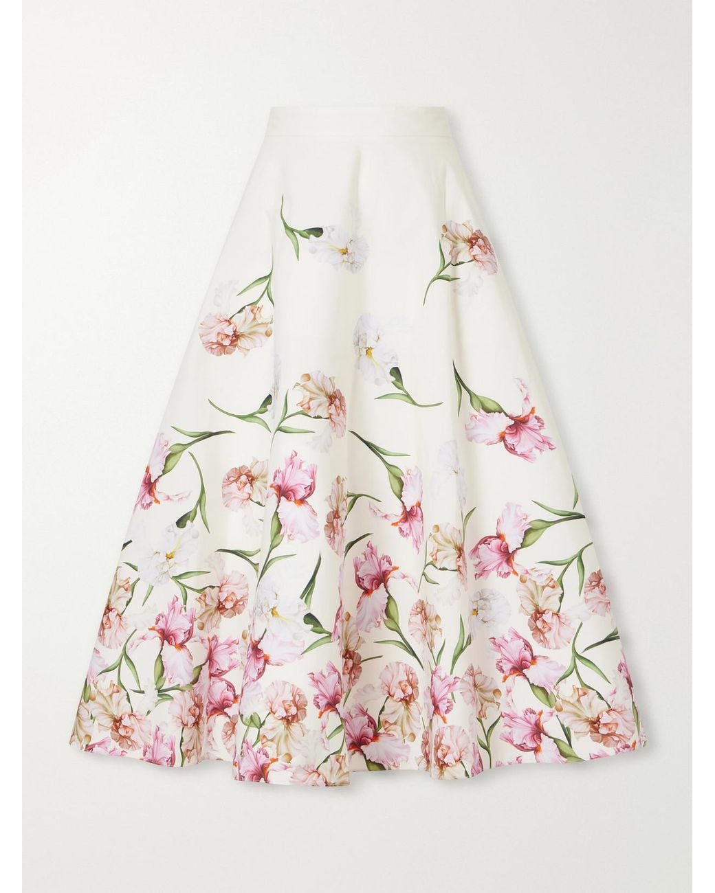 Oscar de la Renta Natural Floral-Print Cotton-Blend Poplin Midi Skirt