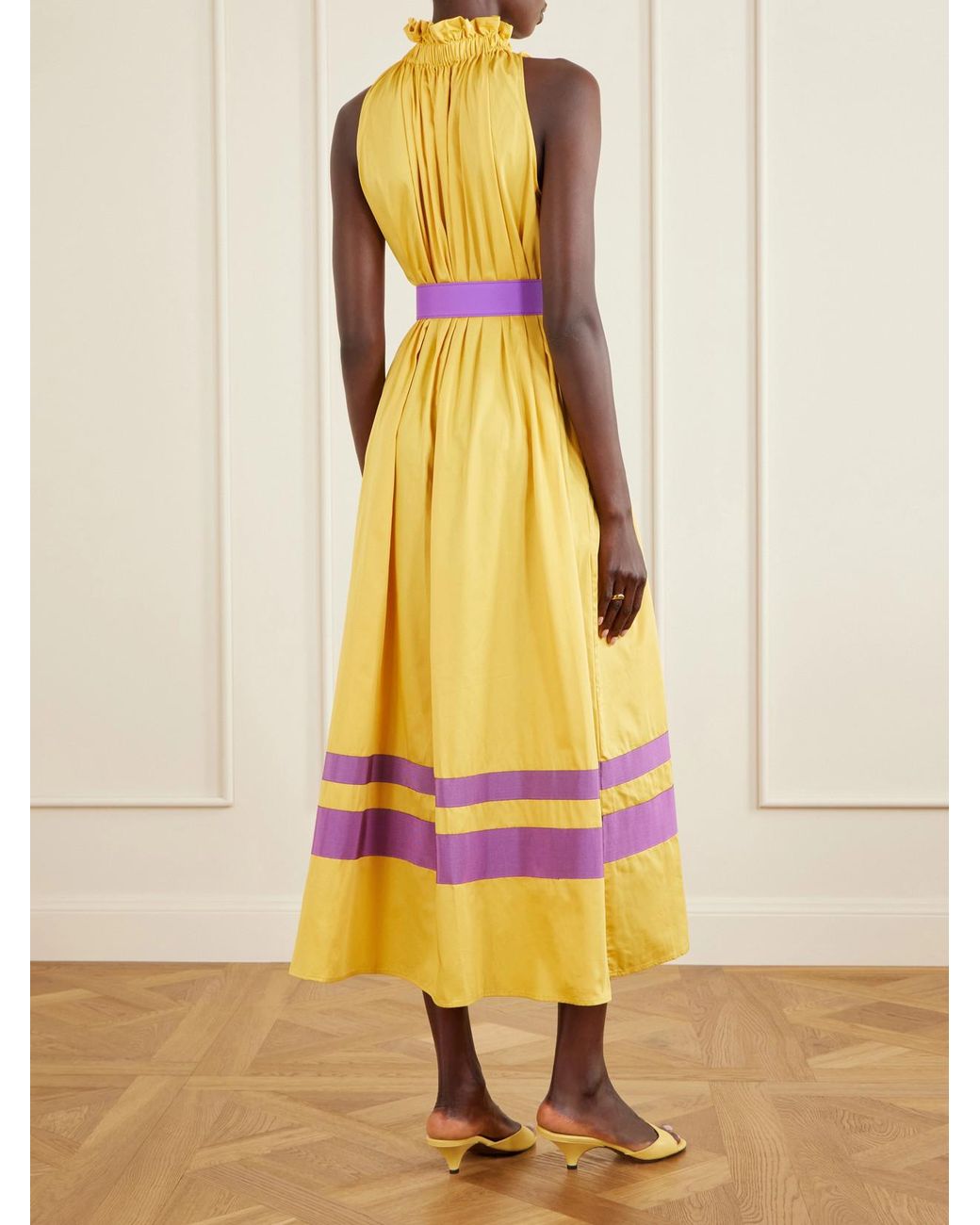 Marta Ferri Yellow Camogli Belted Ruched Grosgrain-Trimmed Cotton-Poplin Halterneck Midi Dress