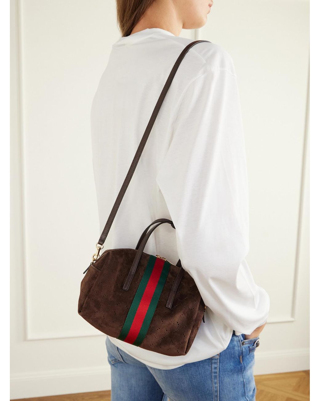 Gucci Red Essence Web And Leather-Trimmed Perforated Suede Shoulder Bag
