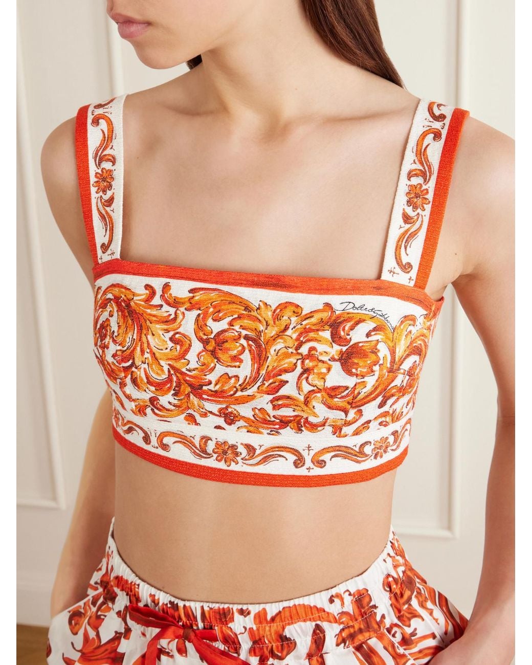Dolce & Gabbana Orange Cropped Printed Woven Top